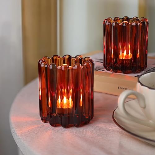6 Pcs Votive Candle Holder, Amber Glass Vintage Tea Light Candle Holders - Image 3