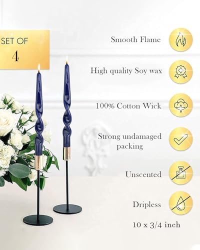 Navy Spiral Taper Candles Twisted Candle Conical Stick Candles for Holiday Wedding Party Wax Unscented Dinner Candle Dripless,Christmas Gift10inch,4pcs(Navy-A) - Image 4