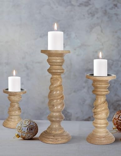 Rustic White Wash Pillar Candle Holders Set of 3 – Rope Design, 12" 9" 6" Heights – Farmhouse Candle Holders for Table Centerpiece & Decor – Fits Pillar Candles – Vintage Home Accent - Image 2