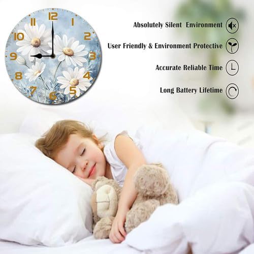 Chamomile Flowers Daisies Wooden Silent Non-Ticking 10 Inch Round Clocks Battery Operated Analog for Living Room Kitchen Bedroom Bathroom Office Home School Decor