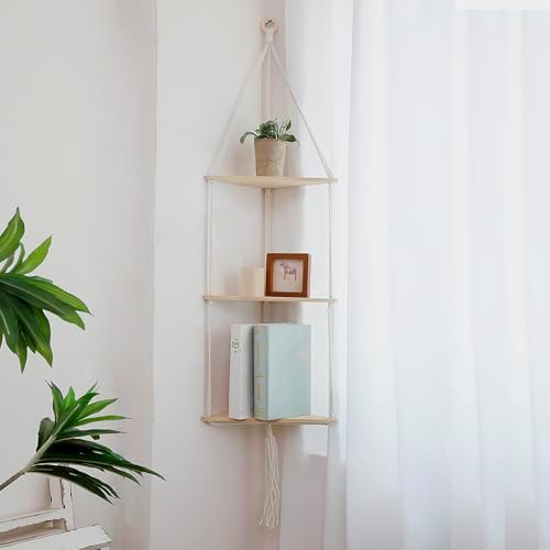 Artilady Corner Shelves Macrame Wall Hanging, 3 Tier Boho Storage - Image 6