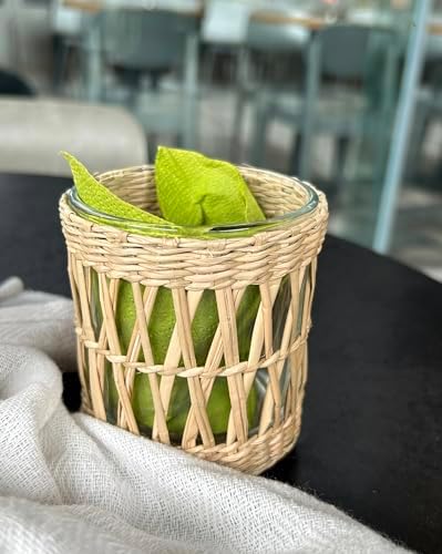 Wicker Rattan Woven Tea Light Candle Holder Set of 2, Handcraft Woven Votive Candle Holder, Rustic Vintage Seagrass Glass Votive Candle Holders for Dining Table Christmas Decoration - Image 5