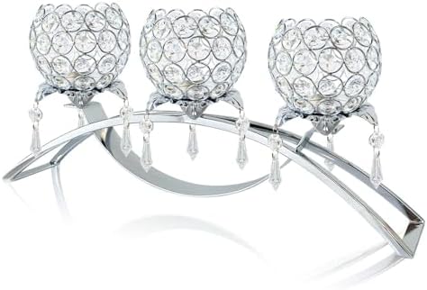 Crystal Tea Light Candlestick Holders Flower Shape with Crystal Pendant Bowl Votive Metal Candle Holder for Table Centerpieces Wedding Home Decor (Silver, 3 arm) by kehail