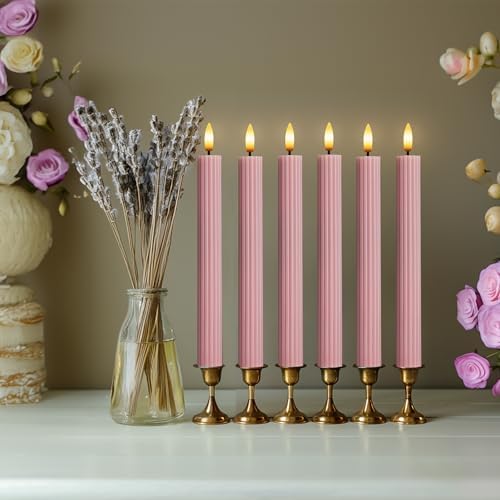 12 Pack, 10" LED Flameless Real Wax Dusty Rose Fluted Ribbed Grooved Taper Candles, Remote & 24h Timer Memory, On/Off Button, Dimmable, Flicker Mode, Battery Operated, Wedding by WestIvory