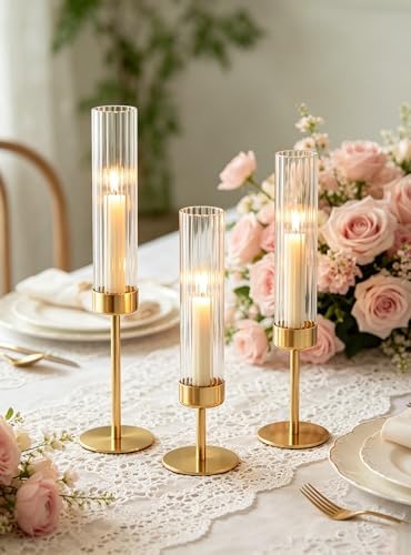 Hurricane Candle Holders Brass Gold Candlestick Holders Tall Taper Candle Holders for Candlesticks Candle Sticks Holder Decor for Table Centerpiece Wedding Party Decorations (Gold-Ribbed Glass 3pcs) - Image 3
