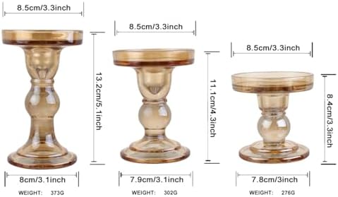 3-Piece Set of Amber Glass Candlestick, Crystal Candlestick Holder Holder and Conical Candle, Christmas Candle Holder Decoration, Family Living Room Wedding Candle Holder (Amber) - Image 3