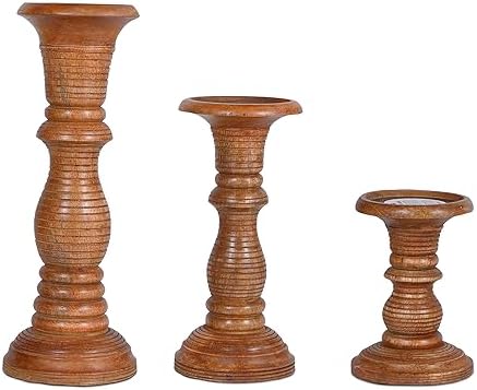 Mela Artisans Jharana II Wood Candle Holders - Medium Polish, Set of 3 by MelaArtisans