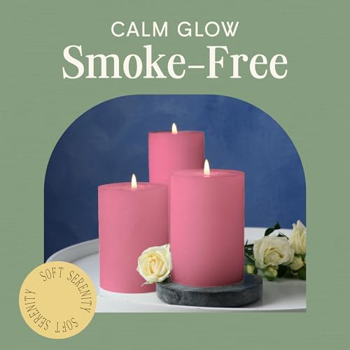 Mister Candle Dripless Unscented Pillar Candles, Set of 3 Hand Poured Pink Pillar Candles, Solid Color Non-Scented Candles for Home Decor, Premium Wax, 80 Hr Burn Time, 3x6 Inch - Image 4