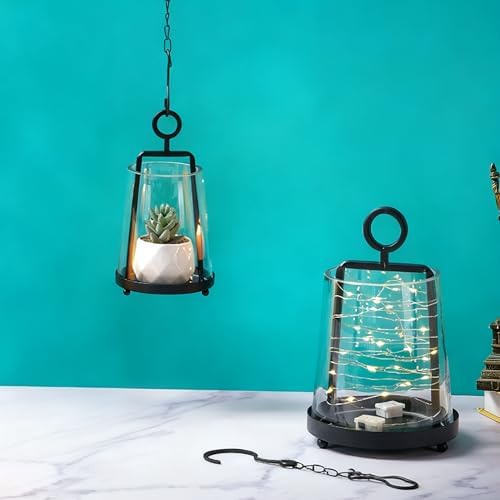 6" & 4" Wide Modern Farmhouse Metal Hurricane Candle Holder with Handmade Sturdy Glass Sleeve in Black for Pillar Candle & Plants, Glass Hurricane Lantern, Industrial, Minimalistic - Image 6