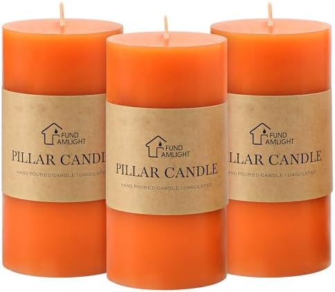 3x6 Inch Orange Pillar Candles Set of 3 - Unscented Fall Pillar Candles by FUNDAMLIGHT