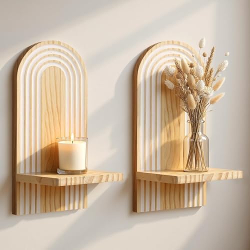 Candle Sconces Set of 2: Boho Wall Candle Holder with 3D Rainbow Arch, Natural Wood Wall Sconces Set of Two, Handmade Wooden Art Decor for Living Room, Dining Room, Bathroom, Bedroom, 13.8"x6.3" by Treory