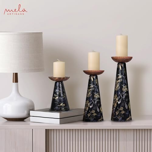 Mela Artisans Multileaf Metal Candle Holders - Gold Black, Set of 3 - Image 6