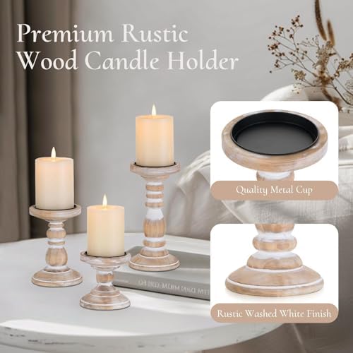 Wood Pillar Candle Holder: Rustic Distressed White Candle Stand - Image 4