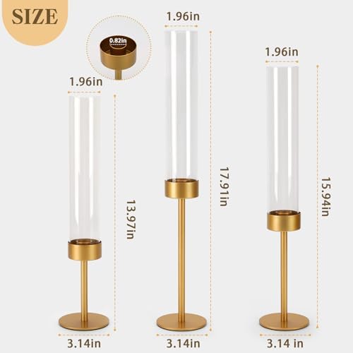 Set of 18 Glass Hurricane Candle Holders Gold Metal Base Taper - Image 3