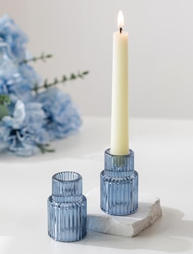 Romadedi 2-Pack Blue Ribbed Glass Taper Candle Holders, 2.76 in by ROMADEDI