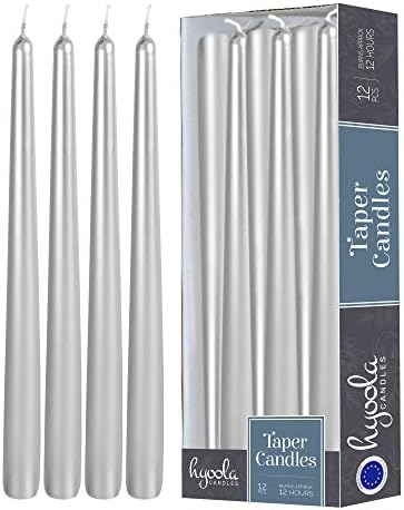 Hyoola 12 Pack Tall Metallic Taper Candles - 14 Inch Silver Metallic, Dripless, Unscented Dinner Candle - Paraffin Wax with Cotton Wicks by Hyoola