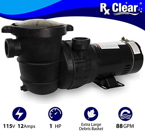 Rx Clear 1 HP Extreme Force Pool Pump for Above Ground Swimming Pools | High Performance Single Speed Pump | 88 GPM | 115V 12 Amps Durable & Quiet