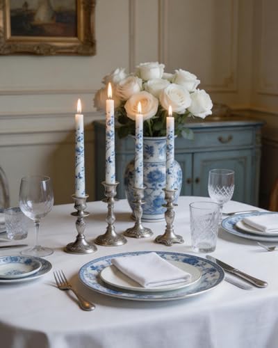 MAITREYA Chinoiserie Taper Candles Blue and White Chinoiserie Decor Candlesticks for Wedding Party Home Table Centerpiece Christmas Halloween Gifts-10Inch,4 Pcs,Peony - Image 2