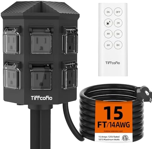Outdoor Power Strip with 15FT Extension Cord, 100FT Remote Control, Dusk to Dawn Light Timer Waterproof, 6 Grounded Outlets for Yard, Pool and Garden, ETL Listed by TiFFCOFiO