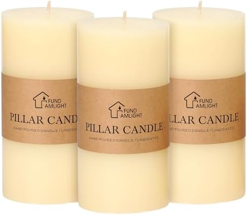 3x6 Inch Ivory Pillar Candles Set of 3 - Decorative Unscented Pillar Candle by FUNDAMLIGHT