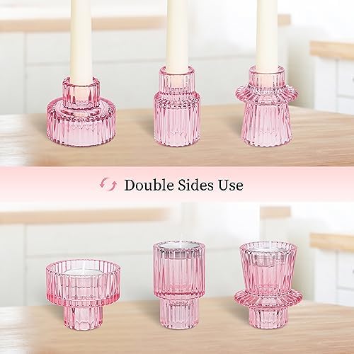 Taper Votive Candle Holder for Pillar Candles Tealight, Candlestick Holder for Wedding Christmas Tea Party, Boho Ribbed Vintage Crystal Glass Table Centerpiece Decor, Bulk Set of 6 (Pink) - Image 5
