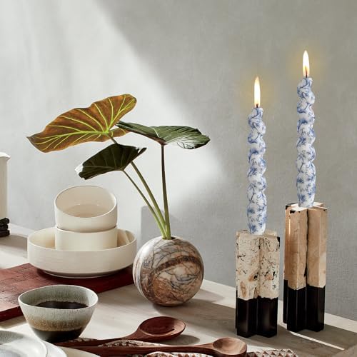 NJAO HOO Floral Taper Candles 7.5 in Spiral Candlesticks Hand Printed Blue Flower Candlestick Twisted Taper Candle for Home Garden Decor, 2Pcs - Image 3