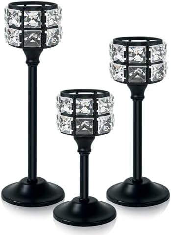 Crystal Metal Candle Holder, Square Crystal Beads Bling Tea Light Candlestick, Tall Votive Candelabra Elegant Centerpiece for Table Wedding Decoration, Home Decor (Black, Set of 3) by kehail
