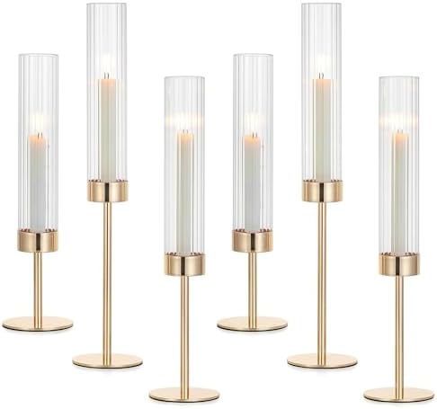 Hewory Gold Taper Candle Holders: Candlestick Holders Set of 6 Hurricane Glass Tall Candle Holder for Candlesticks Candle Sticks Holder Decor for Table Centerpiece Wedding Party Christmas Decorations by Hewory
