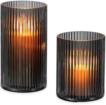 Glasseam Hurricane Glass Candle Holders: 2 Pcs Ribbed Cylinder Grey Vases by Glasseam