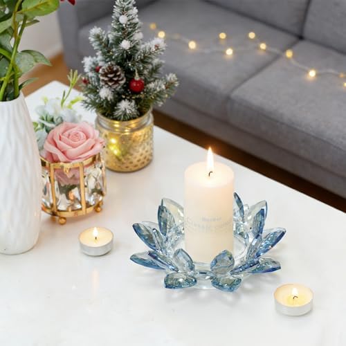 Large Crystal Lotus Tealight Candle Holder for Up to 6" Diameter Pillar Candle Plate Candlestick,Chunky Glass Votive Stand for Wedding, Party, Table Centerpiece Decor and Yoga Meditation (2, Blue) - Image 7