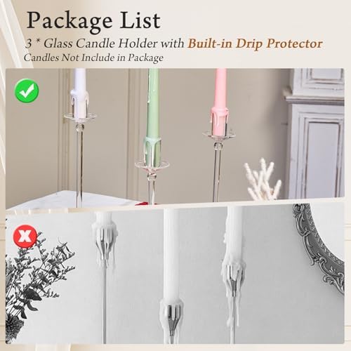 CHILL RECIPE Candle Holder Glass Taper Candlestick Holders with Built-in Candle Drip Protectors for Table Centerpiece Wedding Party (Clear 3Pcs) - Image 3