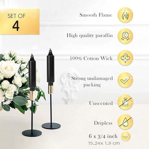 Black Short Taper Candles 6 inch Candle Sticks Unscented Dinner Candle Dripless for Home Decor,Set of 4 - Image 3