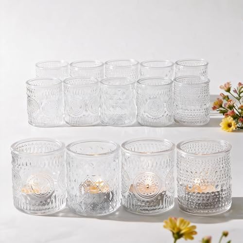 LETINE 16 Pcs Clear Glass Votive Candle Holders, Set of 4 Assorted Embossed Patterns, Tealight Candle Holders Bulk for Wedding Table Centerpieces, Thanksgiving & Party Decorations (2.1” D x 2.56” H) by LETINE