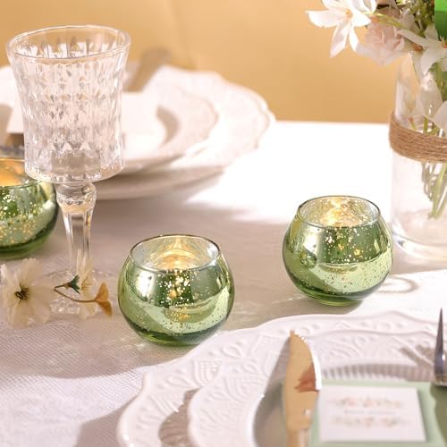 12 Pcs Green Candle Holder for Wedding Decor- Sage Green Mercury Glass Votives for Bridal Shower, Tea Party Table Centerpieces, Vintage Rustic Wedding - Image 5