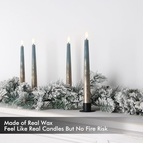 Fanna 9.6" Flameless LED Taper Candles with Timer in Real Wax, Battery Operated Rustic Metallic Dinner Candlesticks with Remote, 8 Batteries Included - Set of 4 - Misty Blue/Copper - Image 2
