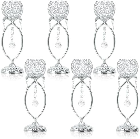 6 Pcs Silver Elegant Metal Crystal Tea Light Candle Holders with Crystal Pendants, Hollow Design - Wedding Table Centerpieces for Anniversary Birthday Party, Home Decor by kehail