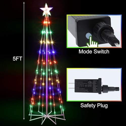 5' LED Animated Christmas Tree, Multicolor Lightshow Lighted Cone Wire Tree with Topper Star, Artificial Lighted Tree for Indoor/Outdoor Yard Patio - Image 2