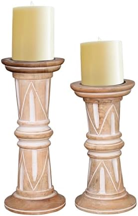 Perilla Home Wooden Pillar Candle Holders Set of 2 - Home Decor Candle Holder Centerpiece - for, Taper Candles, Dining Table Candle Holder Halloween, Home Decor, Candlesticks - Rustic Light Brown by PerillaHome