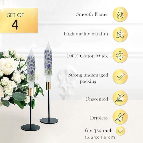 Floral Taper Candle Dripless Candlesticks Blue and White Handmade Candles Short Candle Sticks Flower Tapered Candles for Home Party Wedding Dinner 6inch-4pcs - Image 2