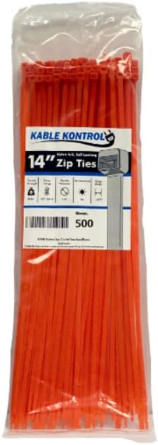 Kable Kontrol Orange Zip Ties 14 Inch 500 Pcs, 50 Lbs Tensile Strength, Self-locking Nylon Colored Cable Ties Wire Wraps for Indoor or Outdoor Use