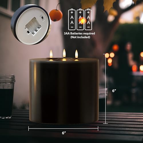 Extra Large Black Flameless Candles with 3 Wicks, 6"x6" Real Wax Halloween Candles with Remote, Battery Operated Candle Flickering LED Candles Fake Candle for Halloween, Home, Party - Image 2