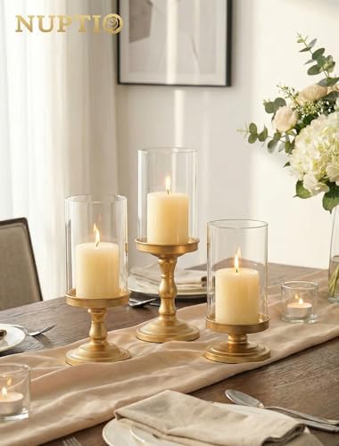 NUPTIO Hurricane Glass Candle Holders: Gold Pillar Candle Table Centerpiece - Image 6