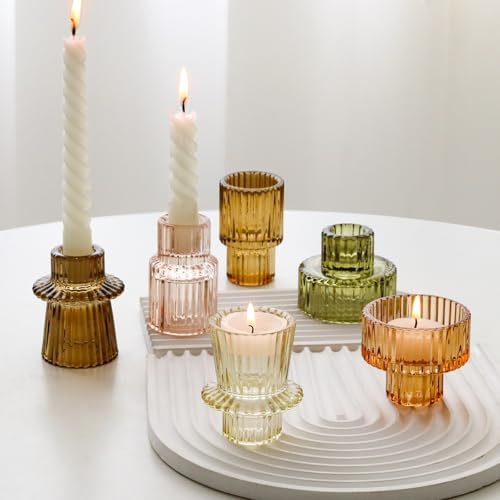 Brown Candlestick Holders 12PCS Ribbed Glass Taper Candle Holders Set for Tealight Candlestick Candles, Table Centerpieces for Thanksgiving Christmas Farmhouse Decor Indoor and Outdoor - Image 4