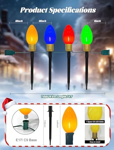 C9 Christmas Pathway Stake Lights, 7Ft String Lights with 4 Jumbo C9 Multicolor LED Bulbs, Stake, Christmas Decorations for Outdoor Garden Walkway - Image 2