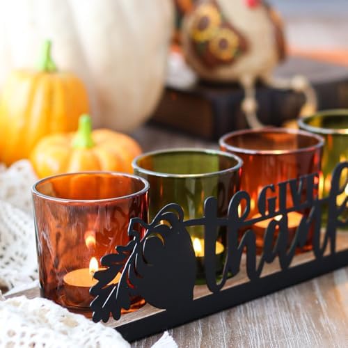 Thanksgiving Centerpieces Glass Tealight Votive Candle Holder Include 1 Candle Tray & 4 Candle Holders Fall Thanksgiving Table Decorations Indoor - Image 5
