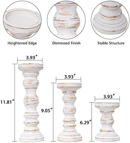 SWALLOWLIVING Rustic Farmhouse Wood Pillar Candle Holder Set of 3 for Candlestick, White - Image 4