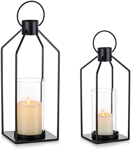 NUPTIO Decorative Lantern Candle Holder: Black Lantern with Hurricane Glass by Nuptio