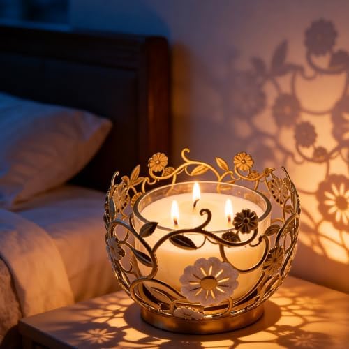 3 Wick Candle Holder, Fits 4 Inch Diameter Jar Candles, 5.75" D × 4.1" H Decorative Candle Stand for Home, Living Room, Bedroom, Office & Gifting (Floral Golden) - Image 6