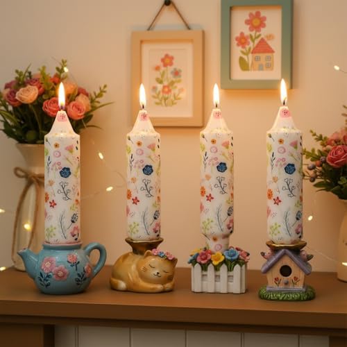 5 inch Short Candle Floral Candle Sticks Kawaii Printed Candlestick Handmade Unscented Taper Candle 4 Pack Cute Flower Tapered Candles for Birthday Home Dinner Wedding Holiday - Image 2