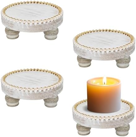 Farmhouse Round Wood Tray Riser, Pedestal Stand with Beaded Edge, Rustic Wooden Candle Trays Decor for Tiered Tray, Candle, Mug Display Decorative, Table Centerpiece, White by CEDARLUX